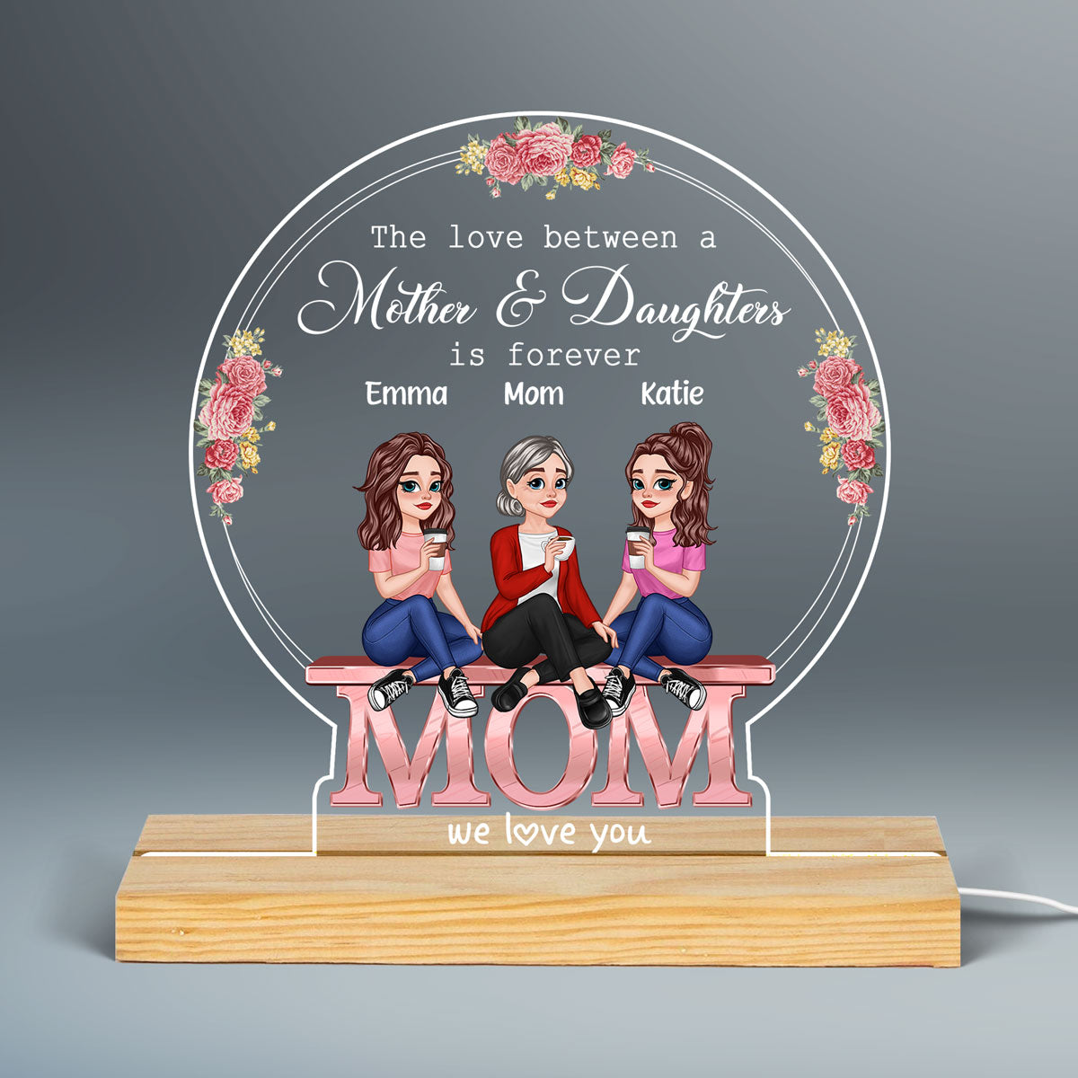 MOM We Love You Pretty Cartoon Mother Daughters Floral Personalized Custom Shape Acrylic Plaque With LED Night Light