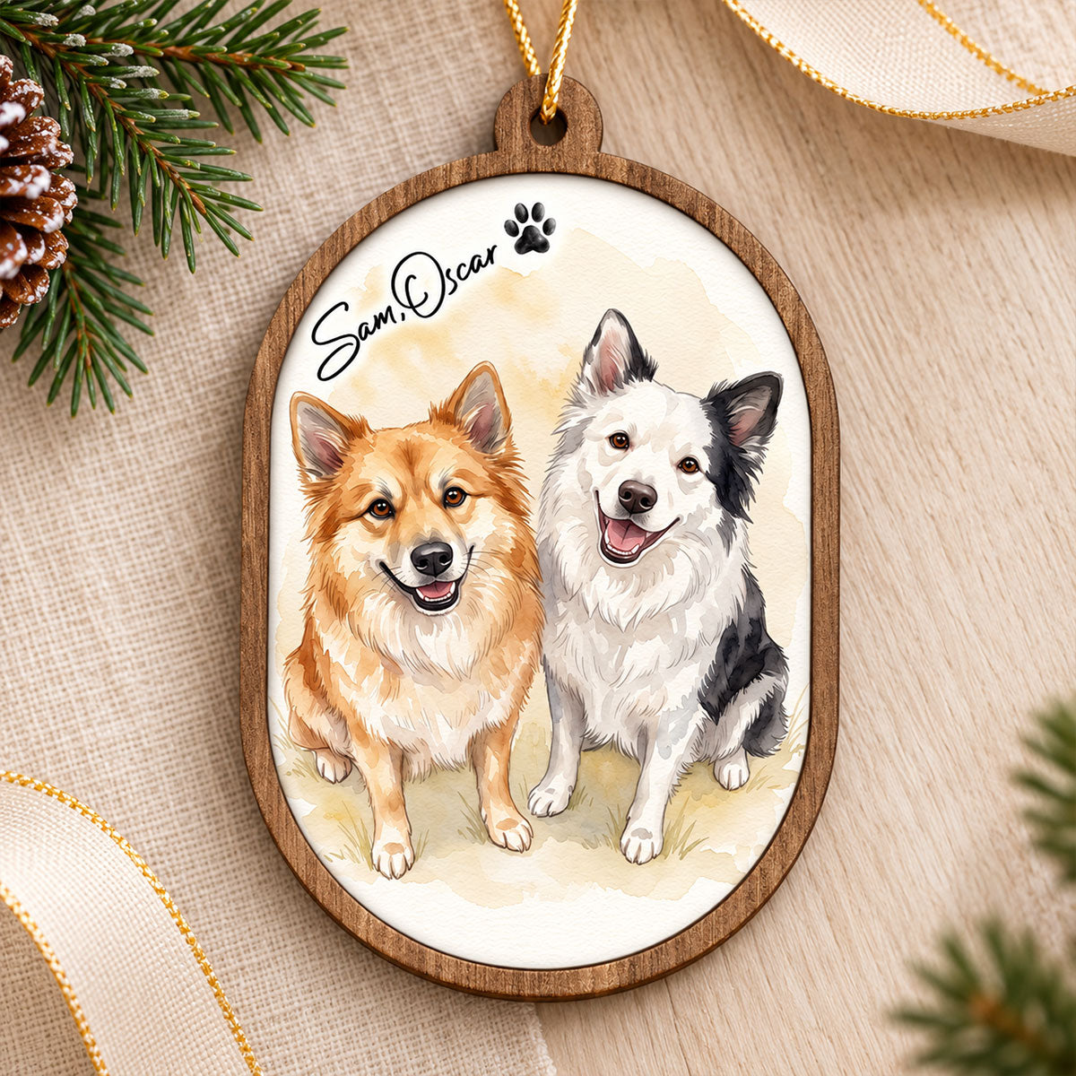 Custom Dog Cat Watercolor Portrait from Photo - Personalized Wooden Ornament - Christmas Gift for Dog Lovers, Memorial Gift