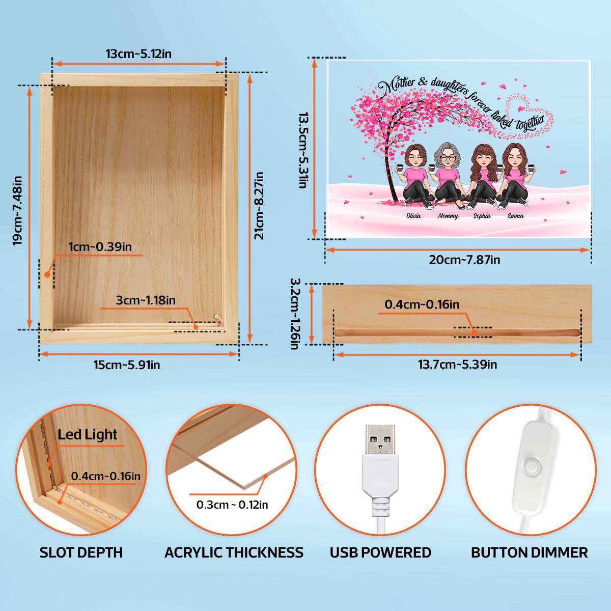 Mom And Daughters Under Pink Tree Personalized Wooden Frame Light Box