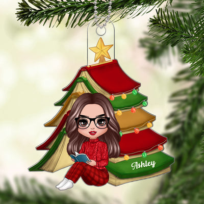 Christmas Book Tree Reading Girl Sitting Personalized Acrylic Ornament