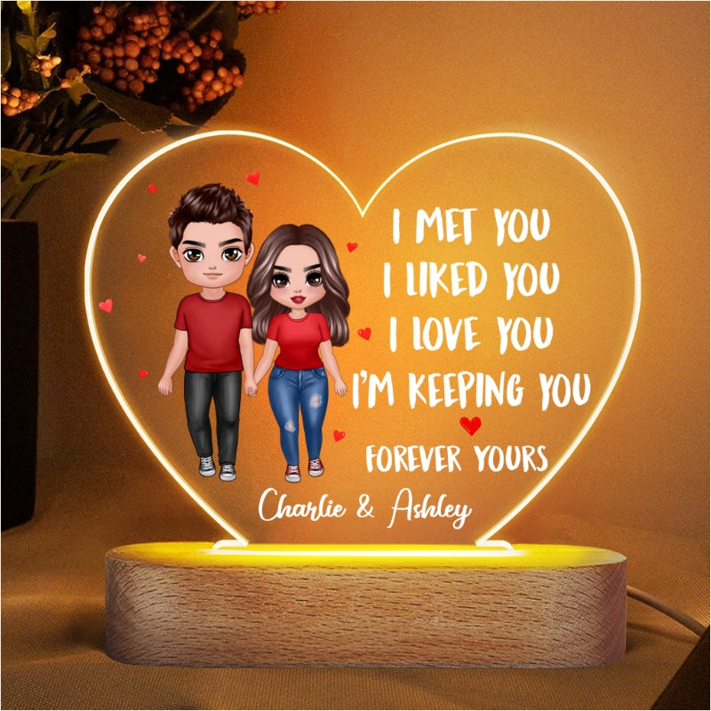 Doll Couple Standing I Met You Like You Love You Gift For Him For Her Personalized Acrylic Heart Plaque LED Lamp Night Light