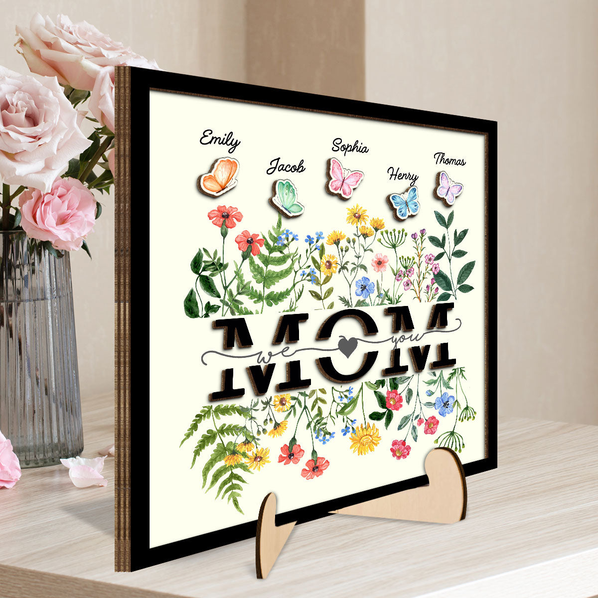 Grandma Mom Wild Flowers Butterflies Personalized 2-layer Wooden Plaque