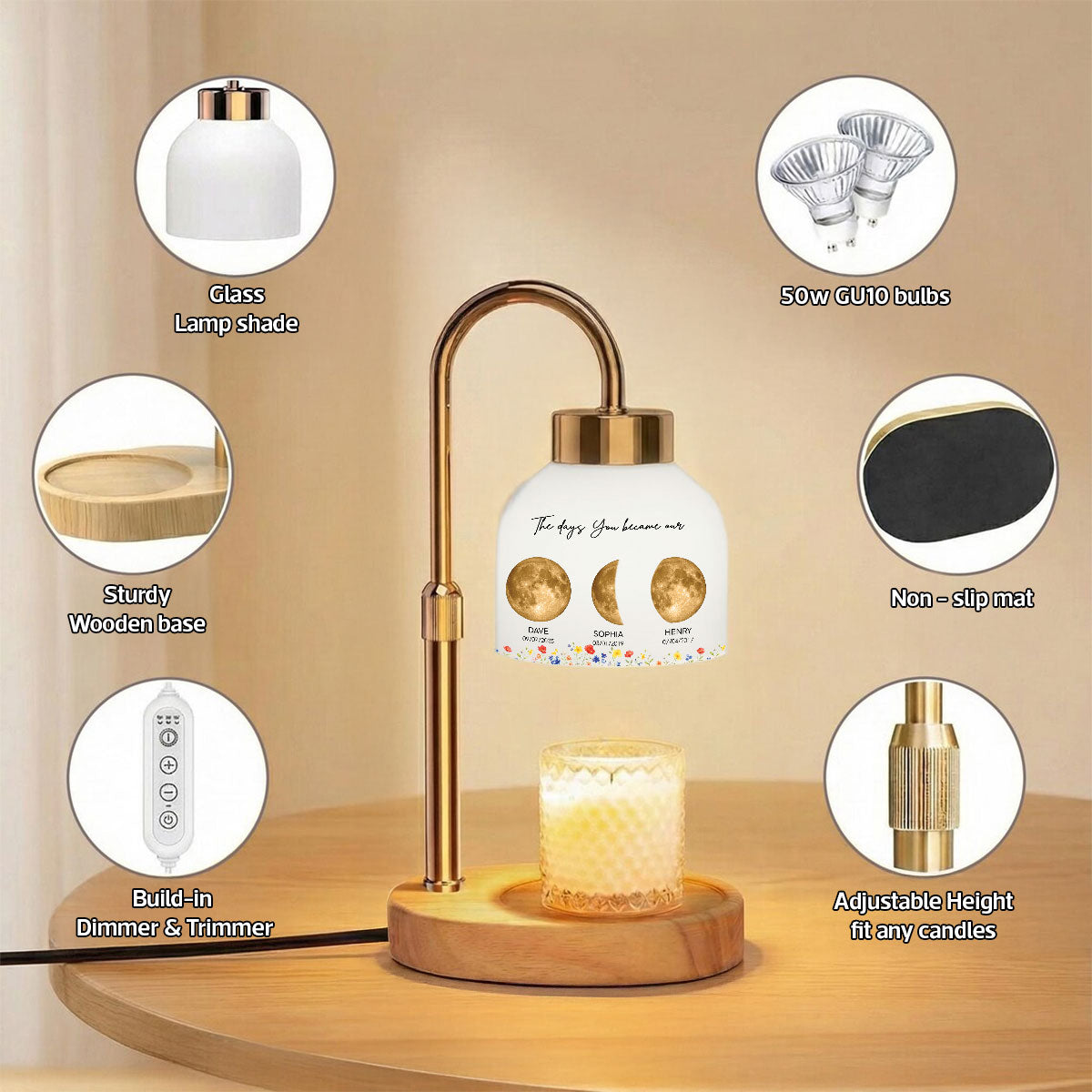 The Days You Became Our Mom Grandma Custom Golden Moon Phase By Date - Personalized Candle Warmer Lamp