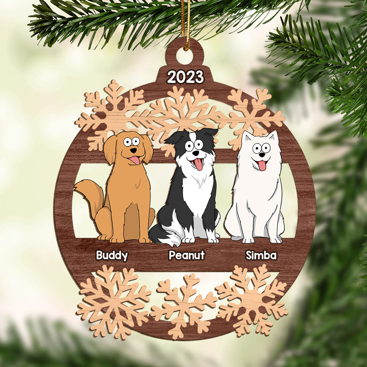 Snowflake Funny Cartoon Dogs Sitting Personalized Christmas Wooden Ornament