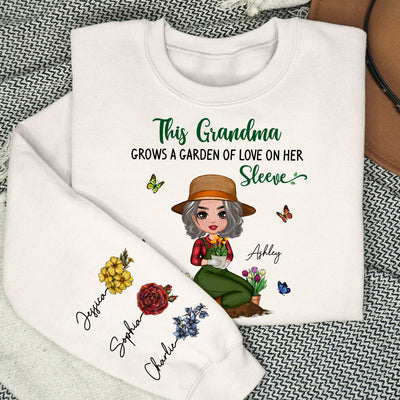 This Grandma Grows A Garden Of Love On Her Sleeve Vintage Birth Flower Personalized Sleeve Printed Sweatshirt