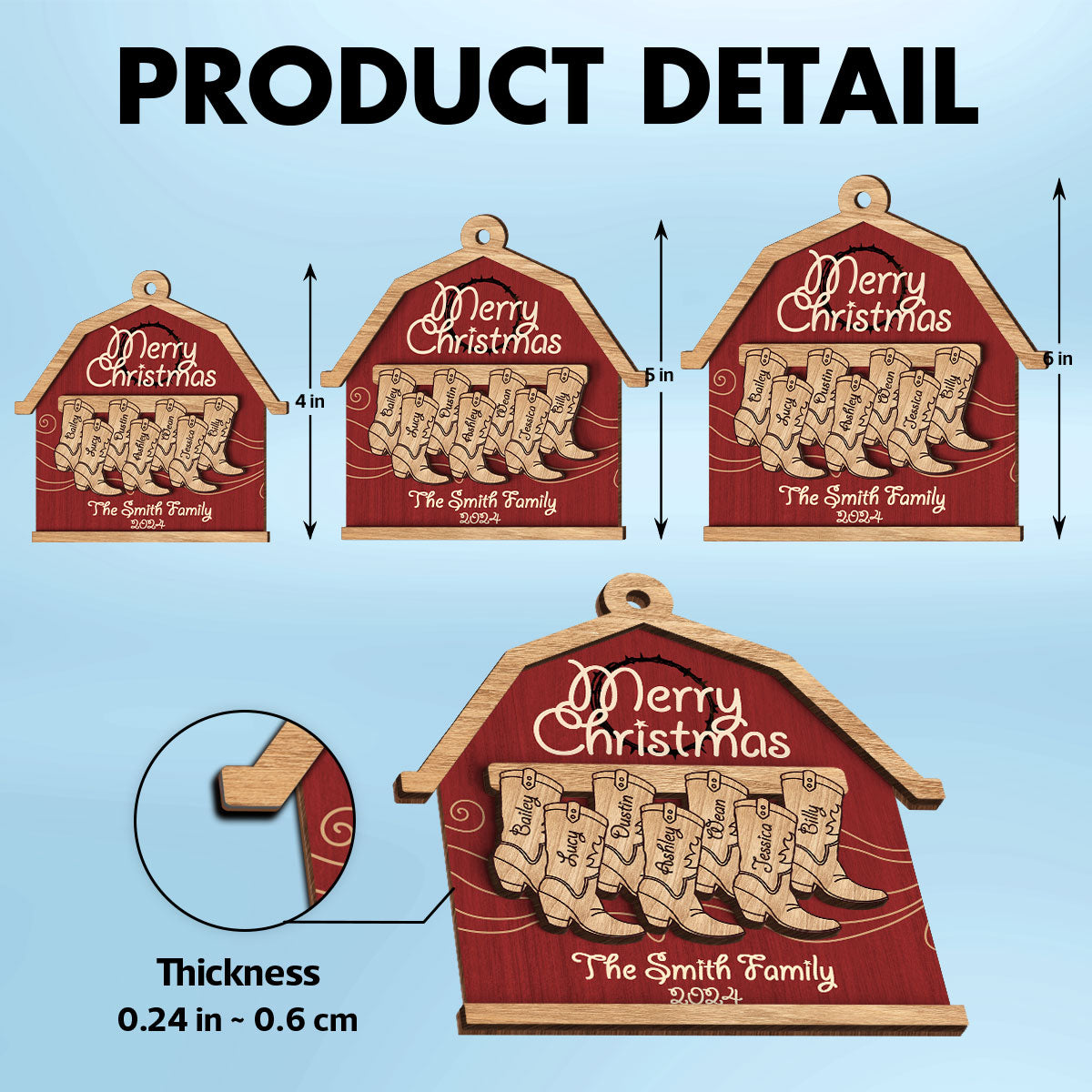 Cowboy Boot Family Names Personalized 2-Layer Wooden Ornament