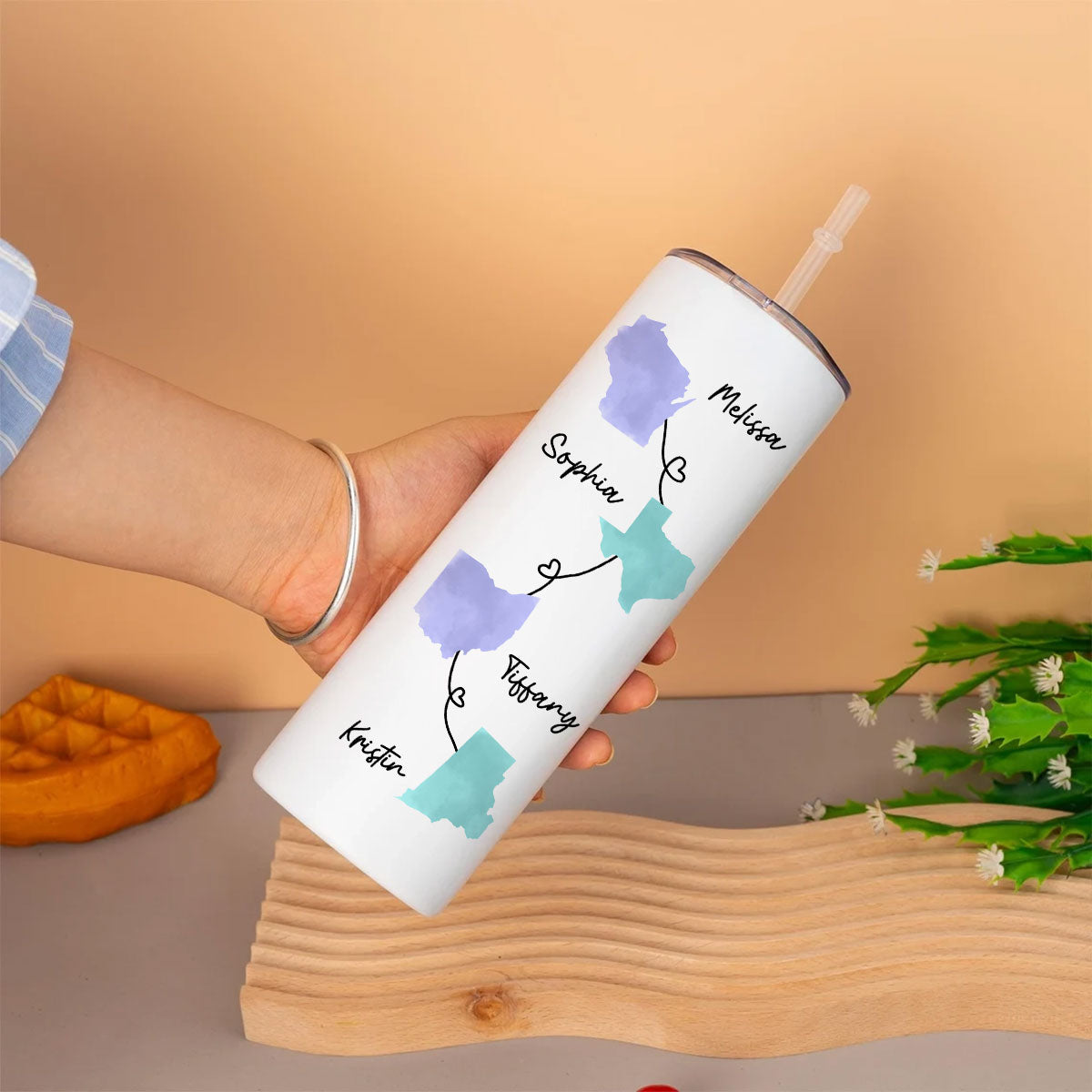 Family Besties Sisters Long Distance Watercolor State Map Personalized Skinny Tumbler