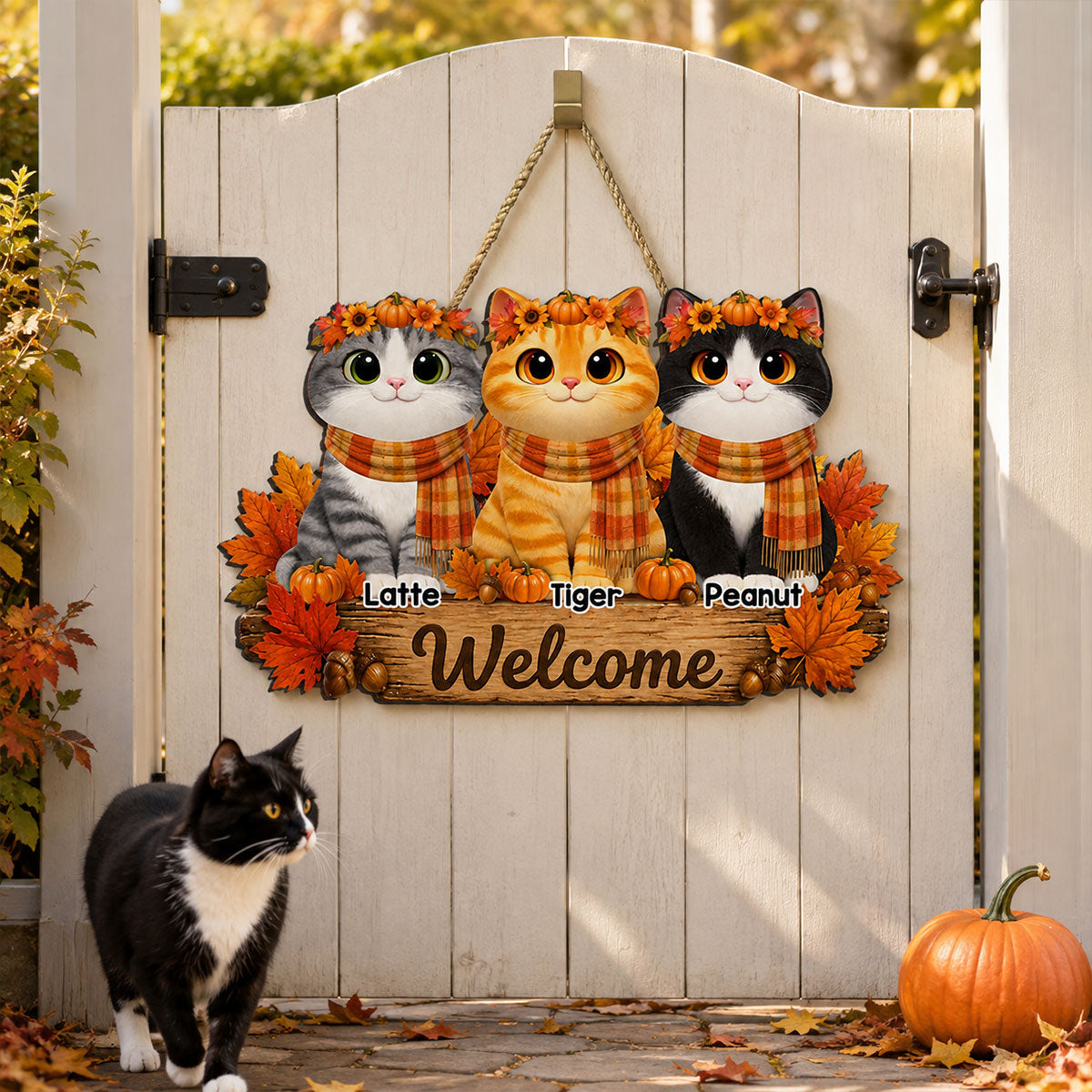Fall Cats Welcome Door Sign - Personalized Door Sign - Fall Season Decor Gift, Gift For Cat Lovers