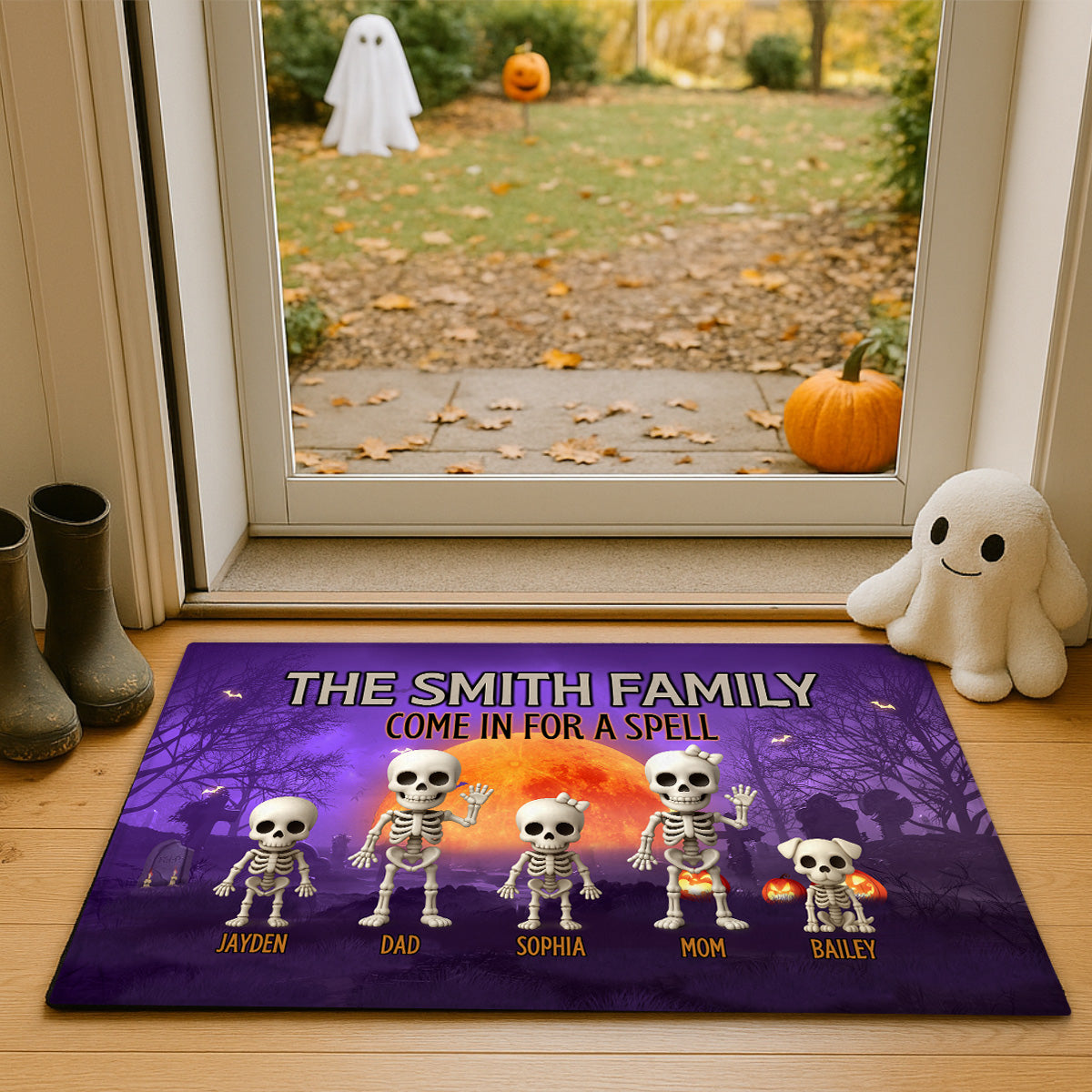 3D Effect Halloween Spooky Funny Skeleton Family - Personalized Doormat