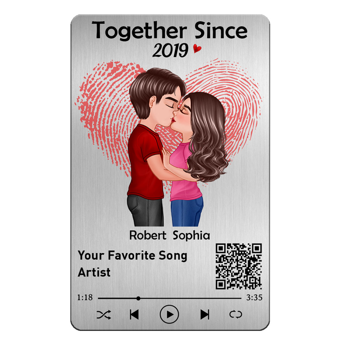Fingerprint Heart Couple Kissing Favorite Song QR Code Personalized Metal Wallet Card