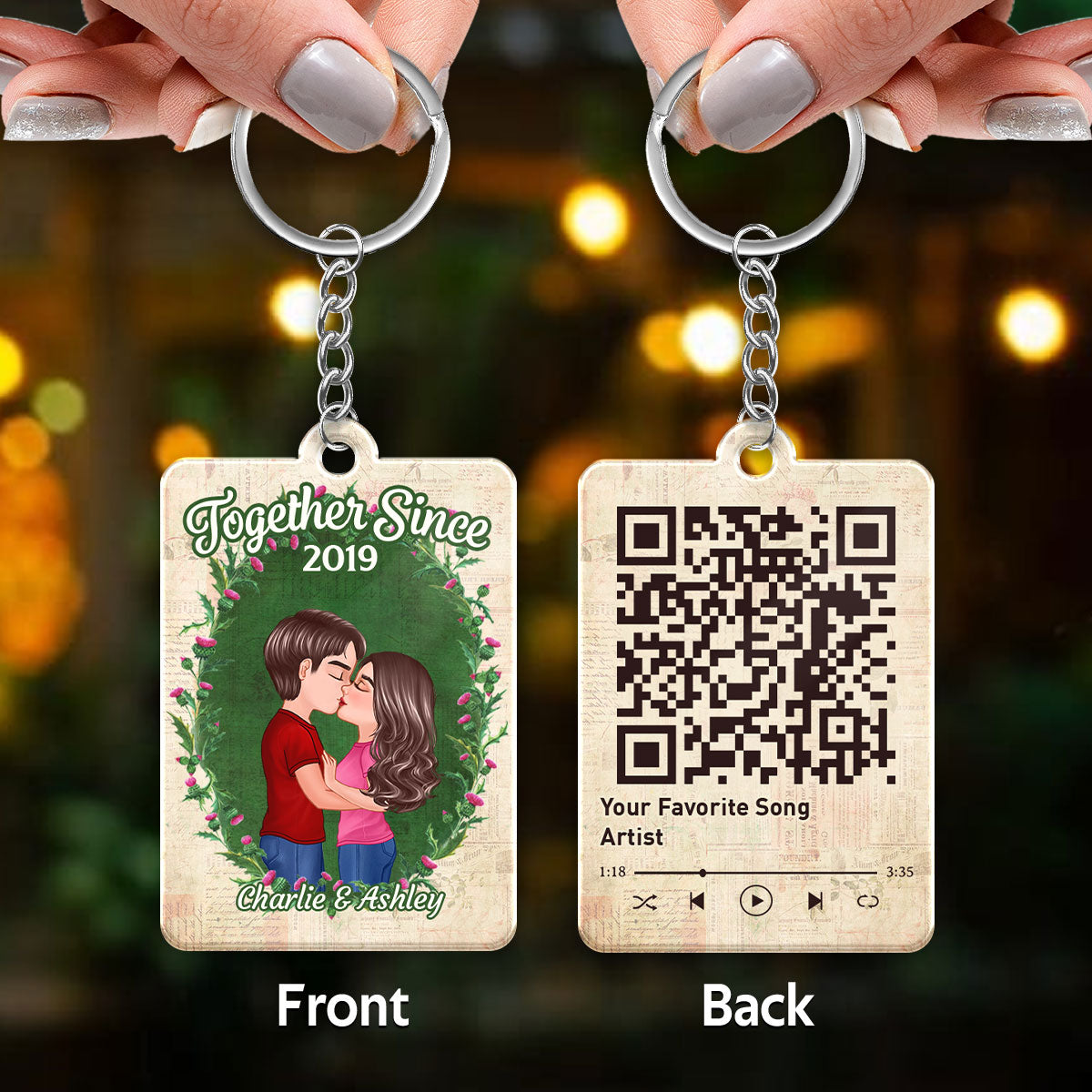 Doll Couple Floral Frame Old Newspaper Favorite Song QR Code Personalized Acrylic Keychain