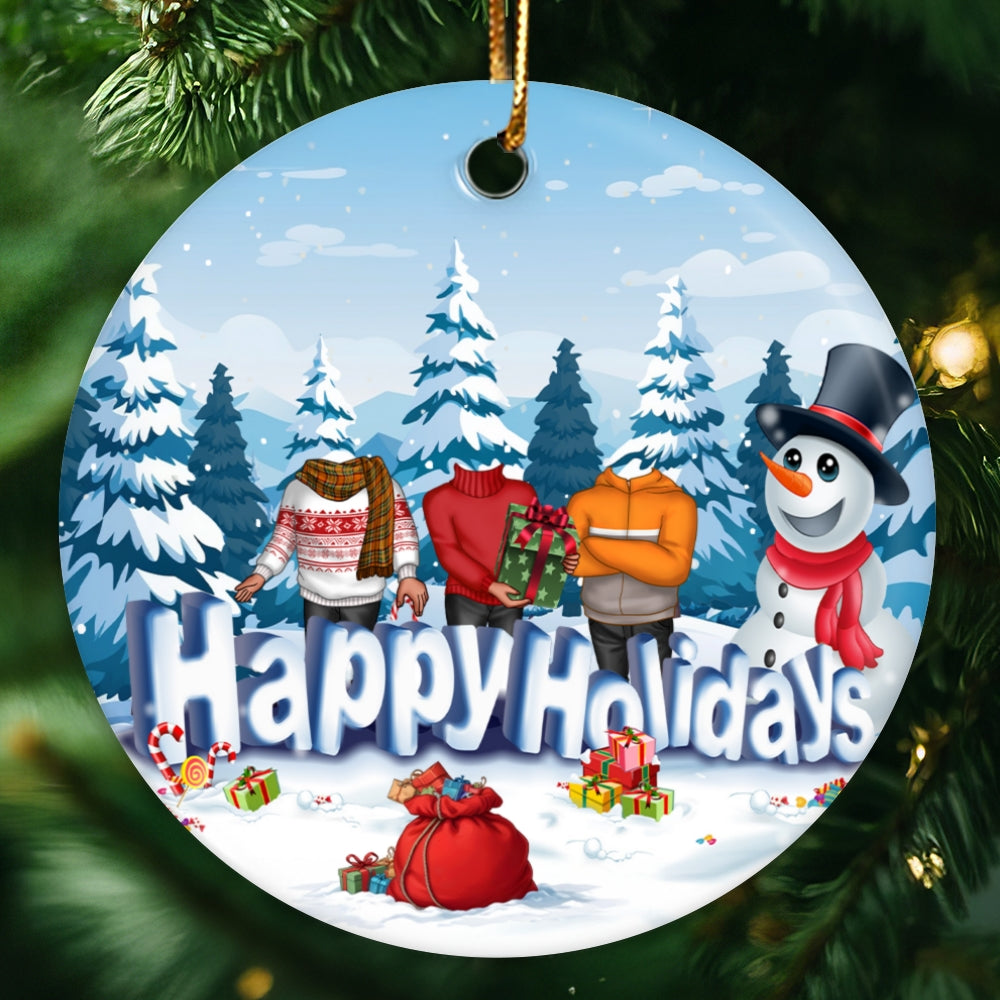 Happy Holiday Funny Family, Custom Photo Ornament, Personalized Family Photo Circle Ceramic Christmas Ornament, Family Keepsake