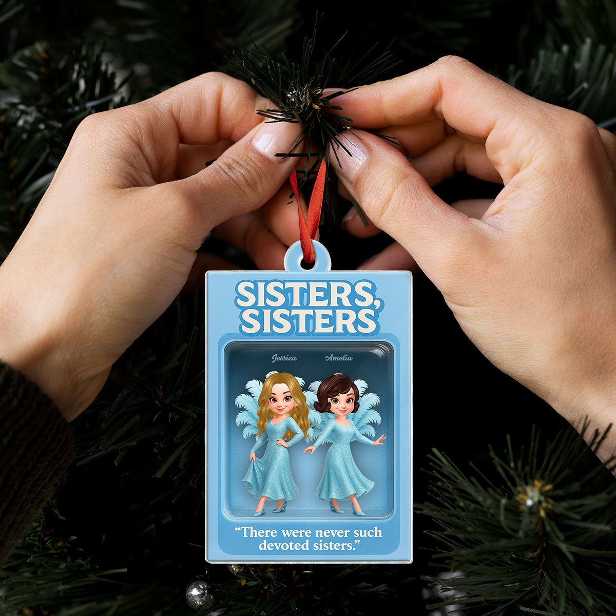 3D Effect Blue Dress Sisters Besties Inside Toy Box Personalized Acrylic Ornament