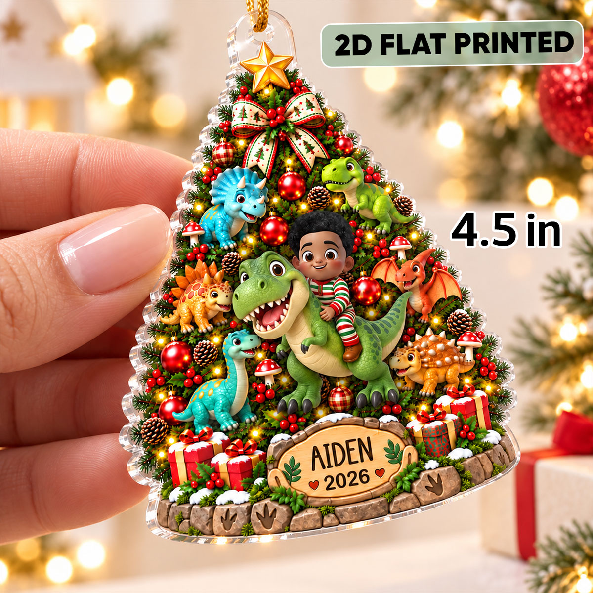 Cute Kid Riding Dinosaur Christmas Tree 2D Flat – Personalized Acrylic Ornament – Christmas Gift For Kids, Dinosaur Lovers