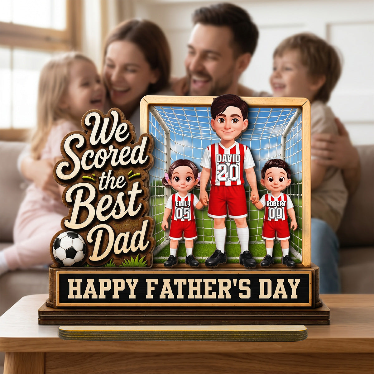 We Scored The Best Dad Dad & Kids In Goal 2D Flat - Personalized 2-Layered Wooden Plaque - Father's Day Gift For Soccer Dad, UK Football Dad