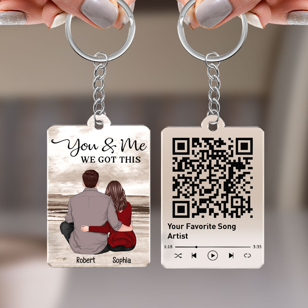 Retro Vintage Couple Sitting At Beach Favorite Song QR Code Personalized Acrylic Keychain