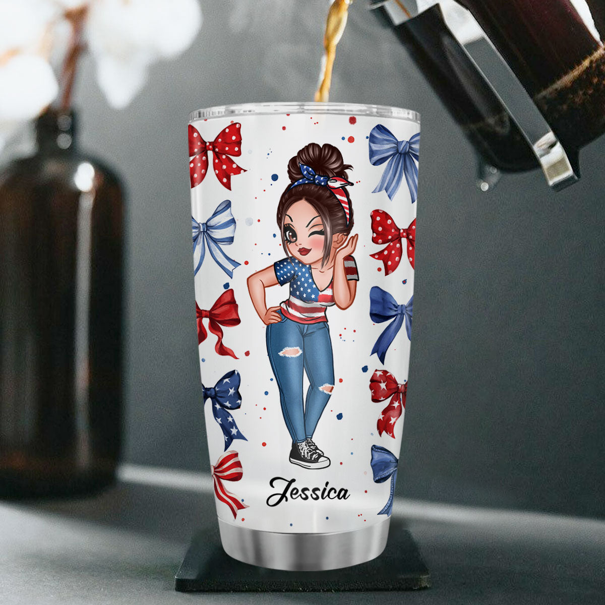 American Girl Nation Flag Bow Personalized Tumbler