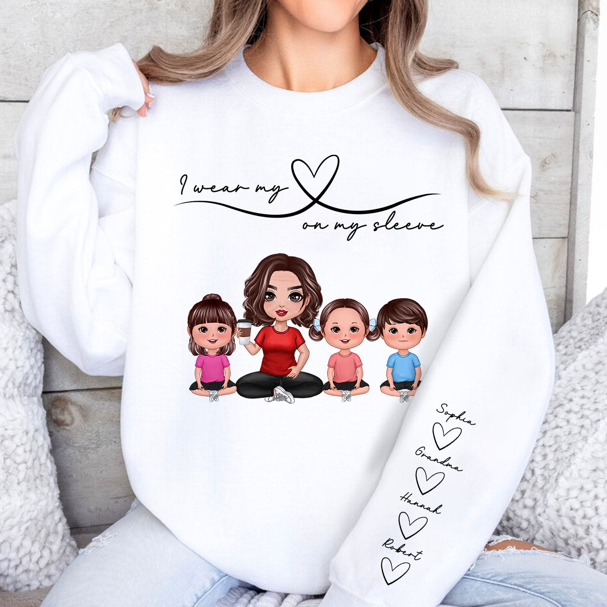 Grandma Mom Wear Her Heart On Her Sleeve, Beautiful Heart Design, Personalized Sleeve Printed Sweatshirt, Gift For Grandma