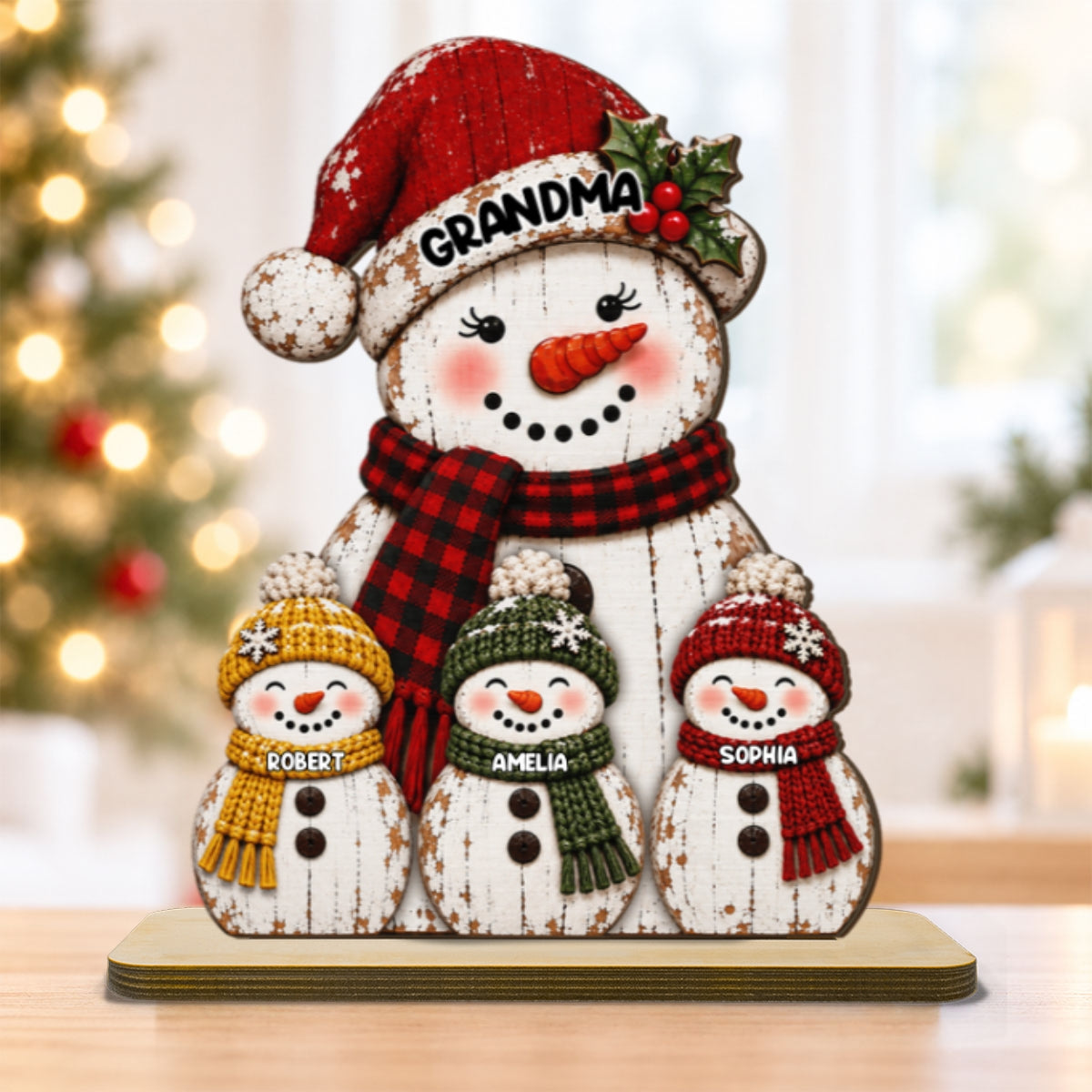 Rustic Grandma Grandkids Snowman - Personalized 2-Layered Wooden Plaque - Christmas Decor For Grandma, Mom
