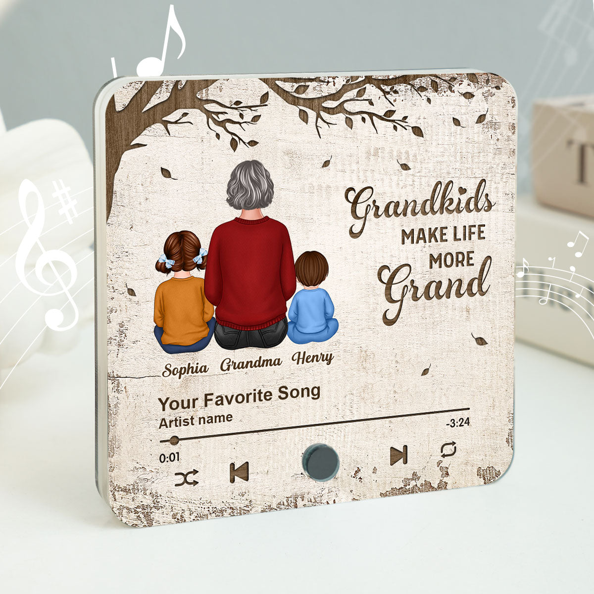 Grandkids Make Life More Grand, Grandma Grandkids Sitting Back View Personalized Music Fridge Magnet, Gift for Grandma