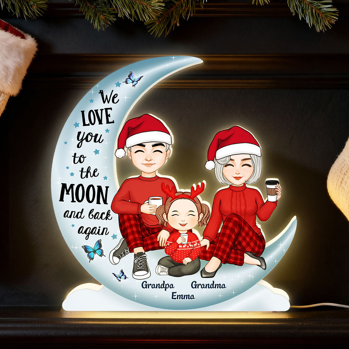 Cute Grandma Grandpa Grandparents & Grandkid On Moon - Personalized Light Box
