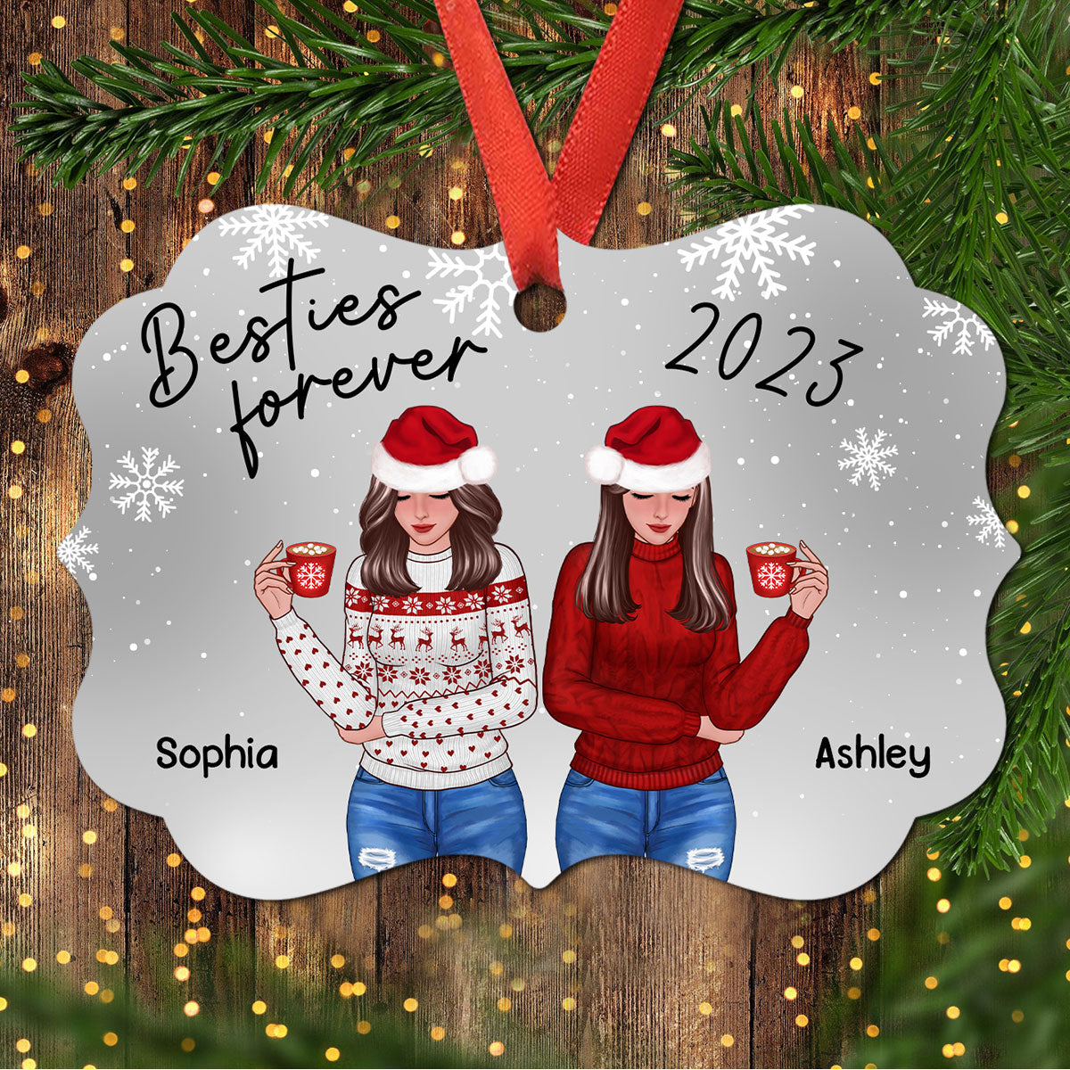 Snowflakes Front View Christmas Besties Personalized Christmas Ornament