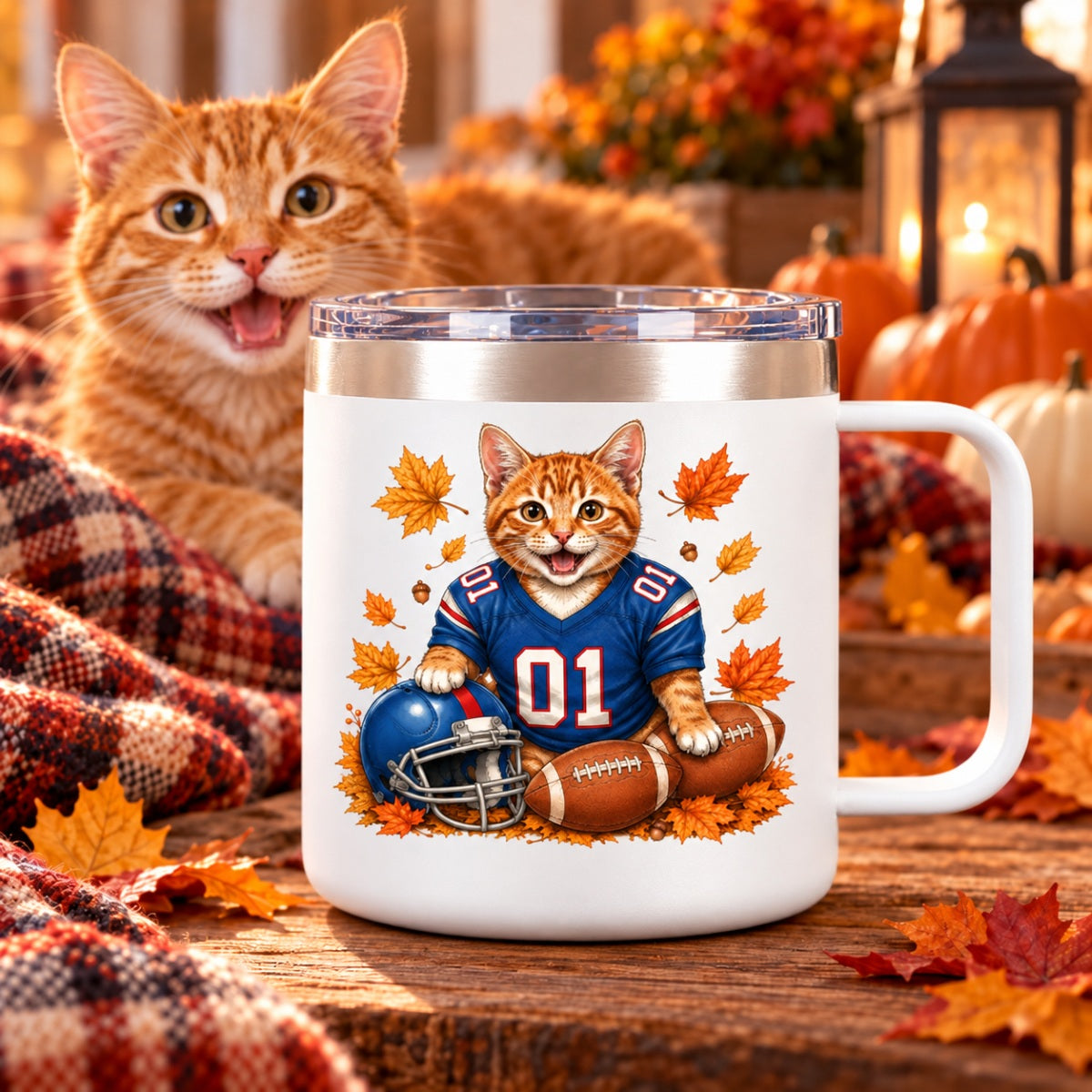 Trending Football Dog Cat Upload Photo - Personalized Stainless Steel Tumbler With Handle - Fall Season Gift For Man, Woman
