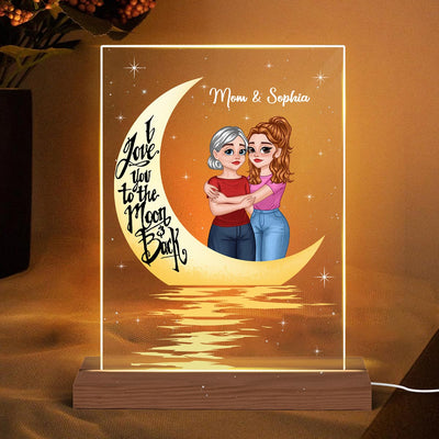 Love To The Moon Hugging Cartoon Mother Daughter In Moon Light Personalized Rectangle Acrylic Plaque With LED Night Light