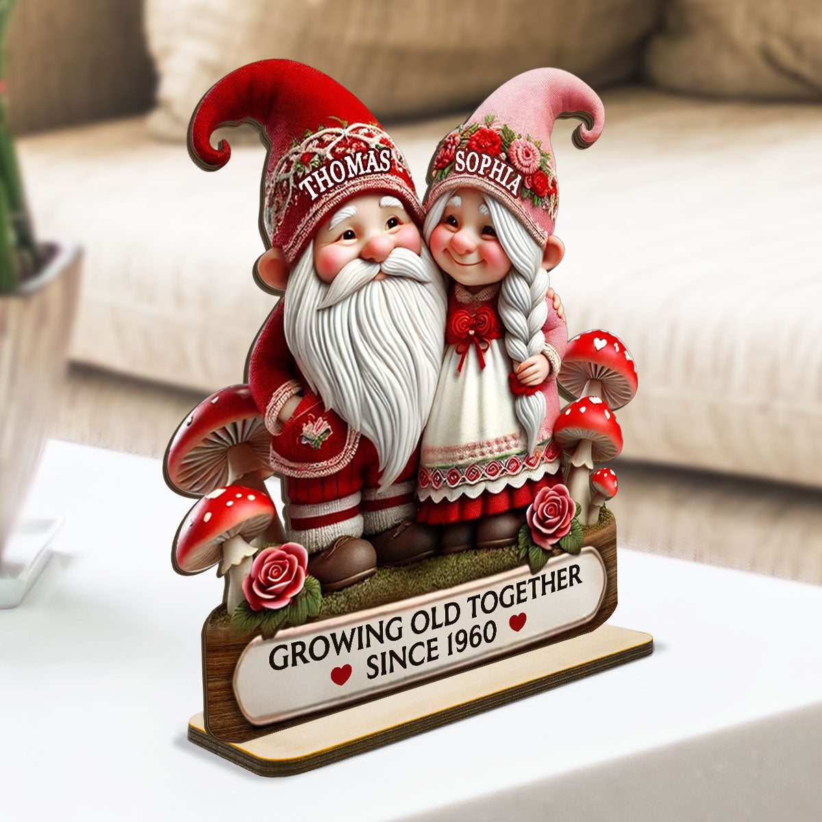 3D Effect Romantic Gnome Couple Personalized Standing Wooden Plaque, Heartfelt Gift For Her, For Wife