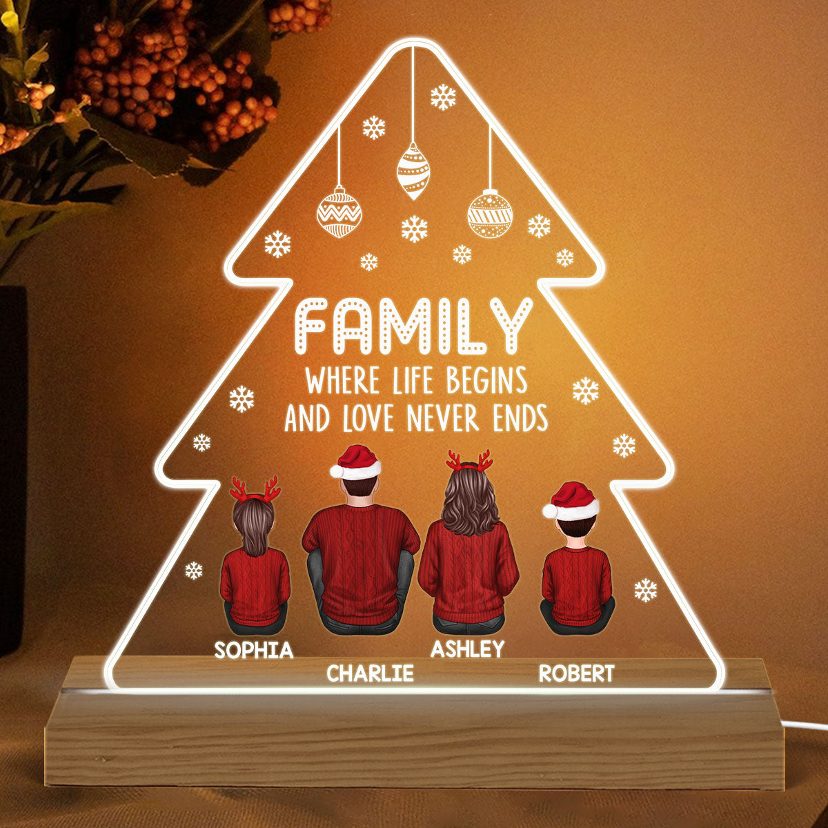 Family Back View Personalized Christmas Tree Shaped Acrylic Plaque With LED Night Light