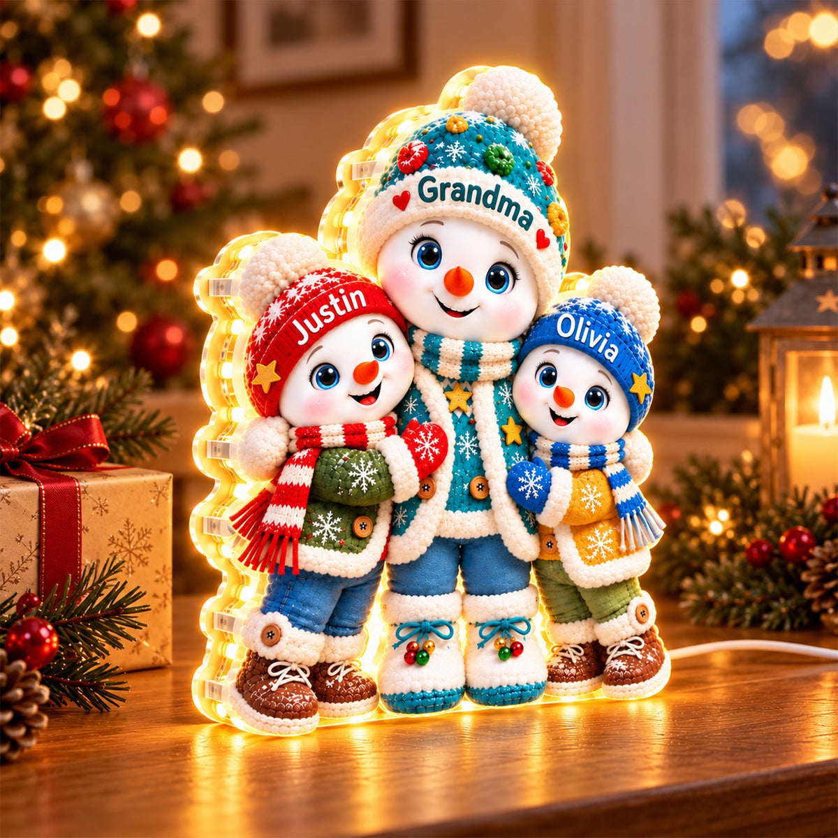 Cute Snowman Grandma and Grandkids - Personalized Light Box - Christmas Gift for Grandma 