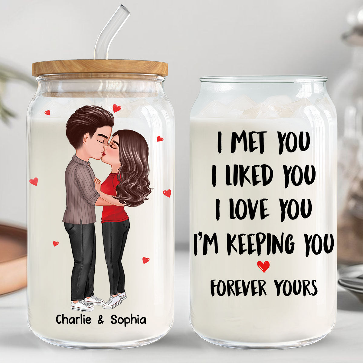 Couple Kissing I Met You Personalized Clear Glass Can