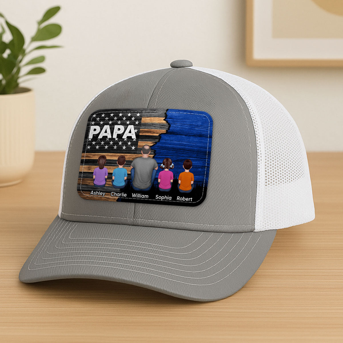 Dad Grandpa Papa Back View Sitting With Kids Half Nation Flag Personalized Leather Patch Hat
