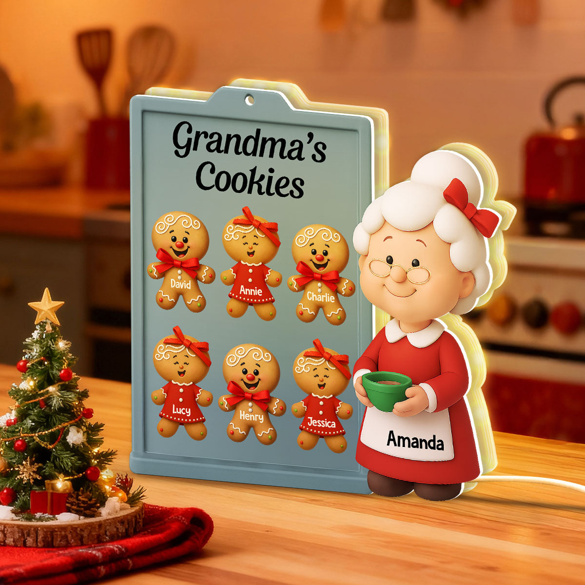 3D Effect Christmas Grandma Cookies Custom Grandkids Names - Personalized Light Box
