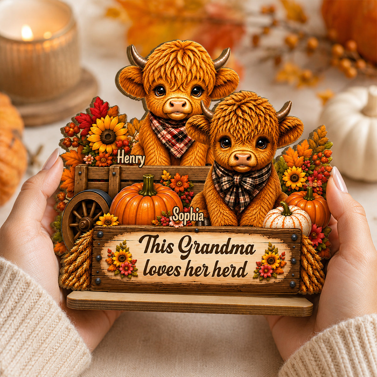 Grandma Loves Her Herd Autumn Leopard - Personalized 2-Layered Wooden Plaque - Fall Season Decor Gift, Gift For Grandma