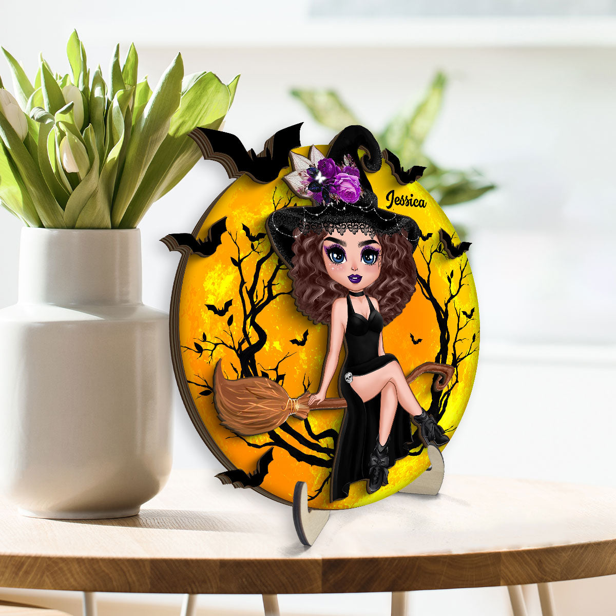 Halloween Witch Sitting On Broom Personalized 2-Layer Wooden Plaque, Halloween Decoration