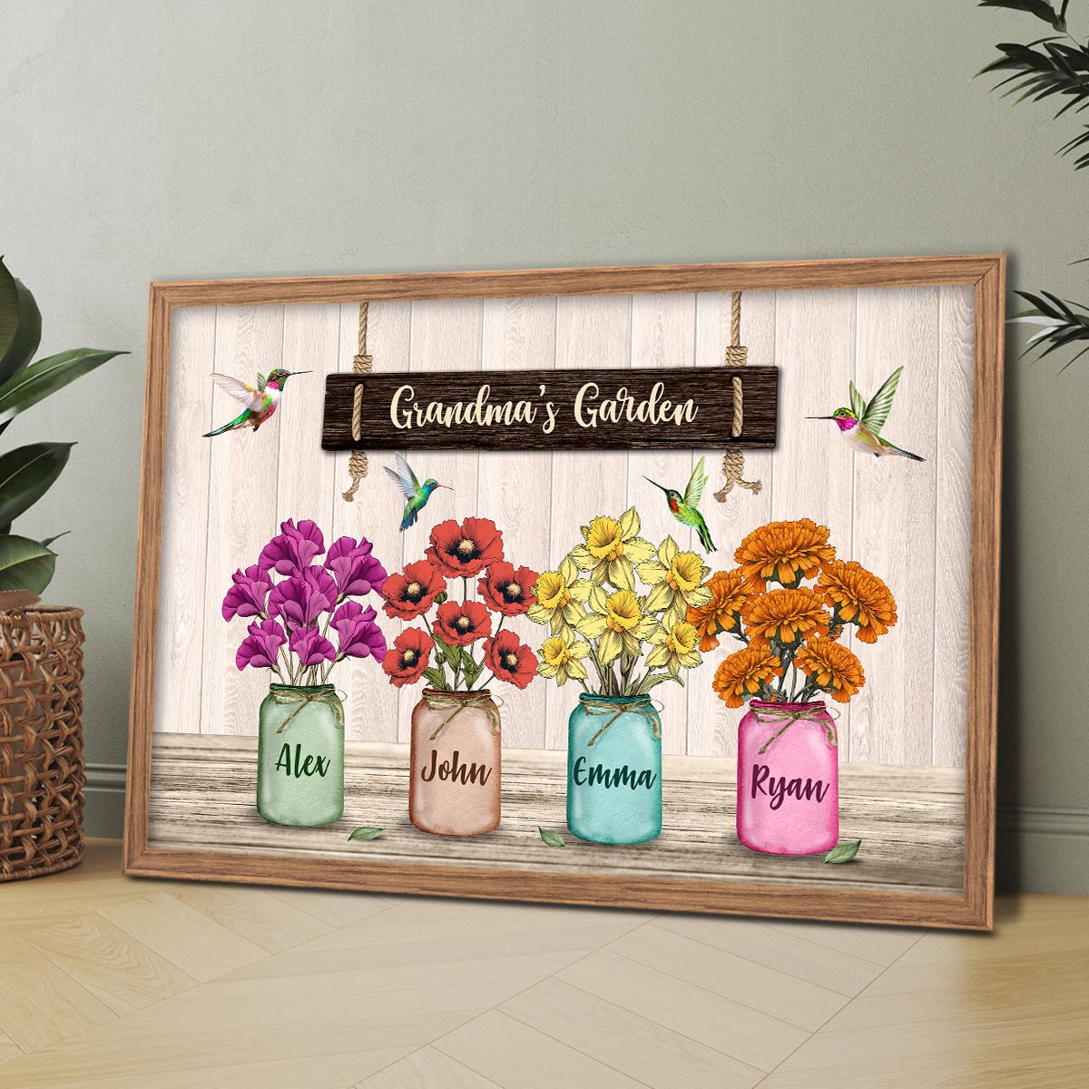 Hummingbird Custom Birth Month Flowers Grandma‘s Garden Personalized Horizontal Poster
