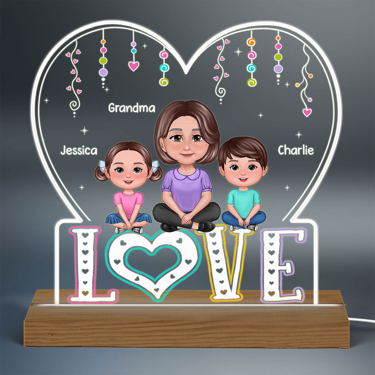 LOVE Pretty Woman Sitting With Kids On Word Personalized Custom Shaped Acrylic Plaque With Warm LED Night Light
