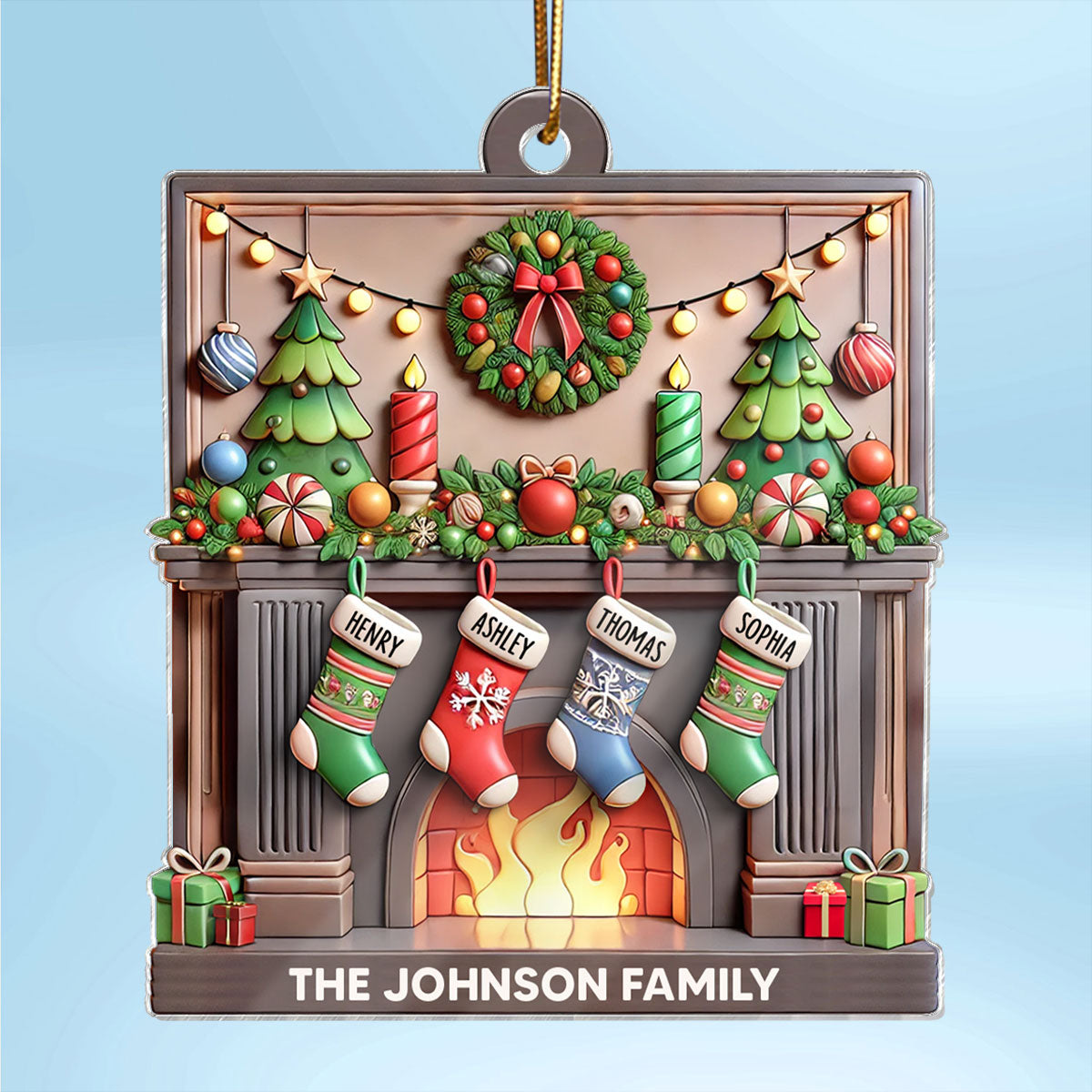 3D Family Christmas Stockings On Festive Mantel Personalized Acrylic Ornament