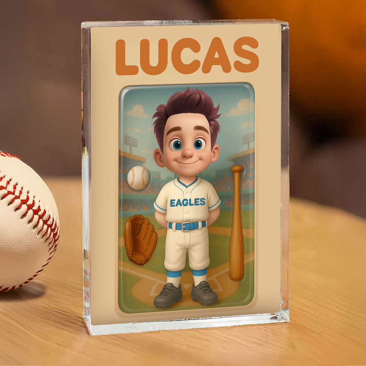 3D Effect Baseball Kid Custom Figure Personalized Flat Rectangle Acrylic Block, Gift For Kid