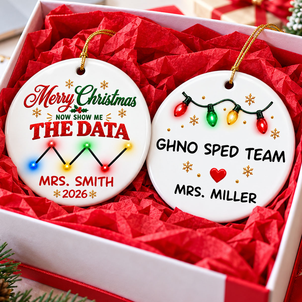 Merry Christmas Now Show Me The Data - Personalized Ceramic Ornament - Christmas Gift For Team, Coworkers, Friends
