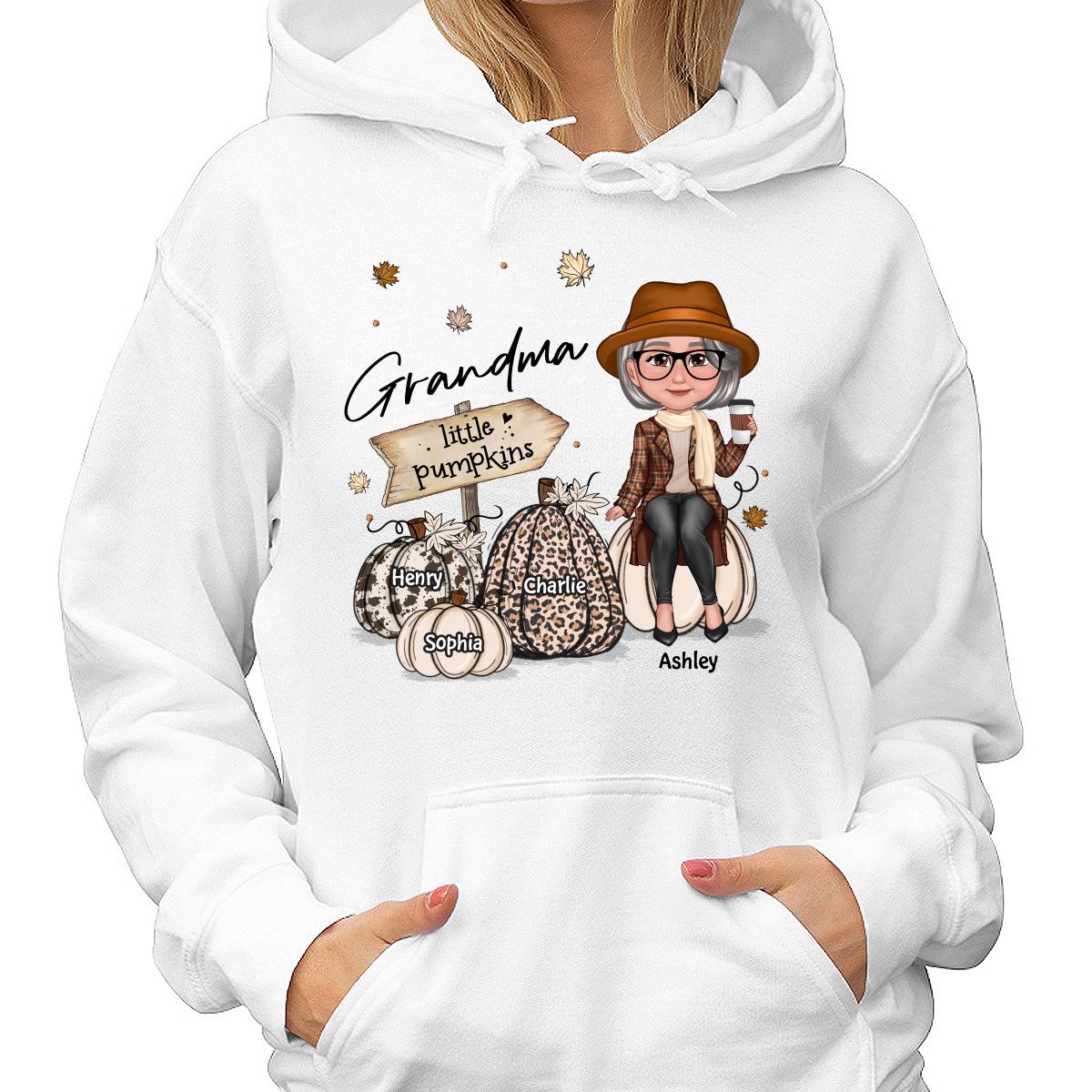Grandma Mom Sitting On Animal Prints Patterned Pumpkins Fall Season Personalized Shirt