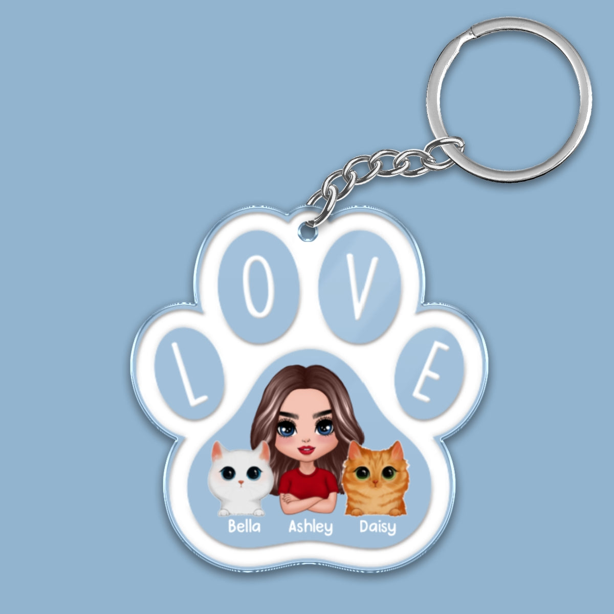 Doll Woman Man Peeking Watercolor Cute Cats Paw Shape Personalized Acrylic Keychain