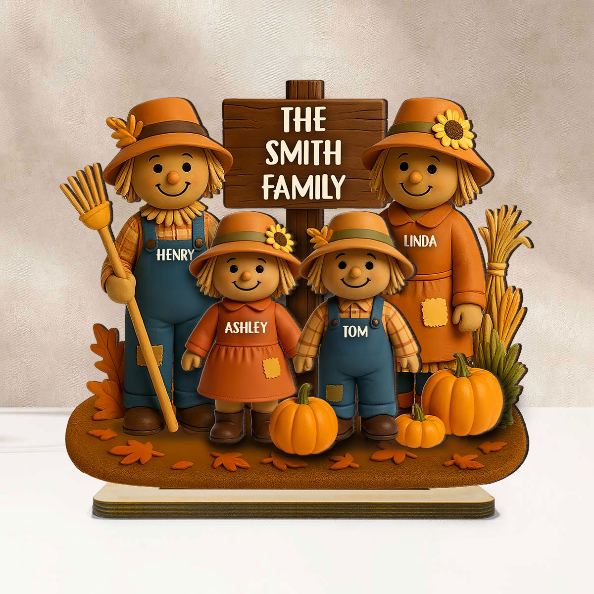 Fall Season Scarecrow Family 3D Effect Personalized 2-Layer Wooden Plaque