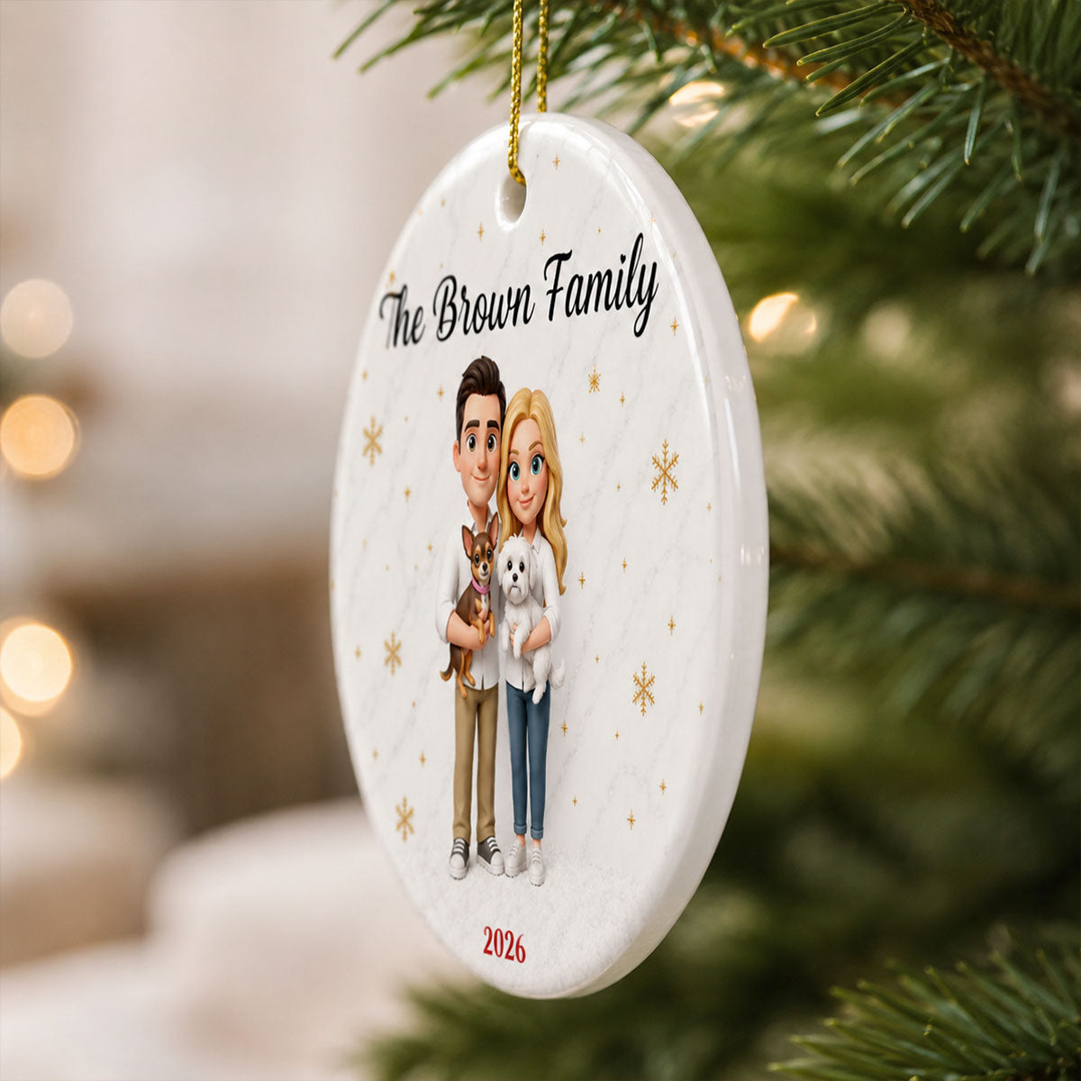 Cartoon Family Portrait From Photo 2D Flat - Personalized Ceramic Ornament - Christmas Keepsake