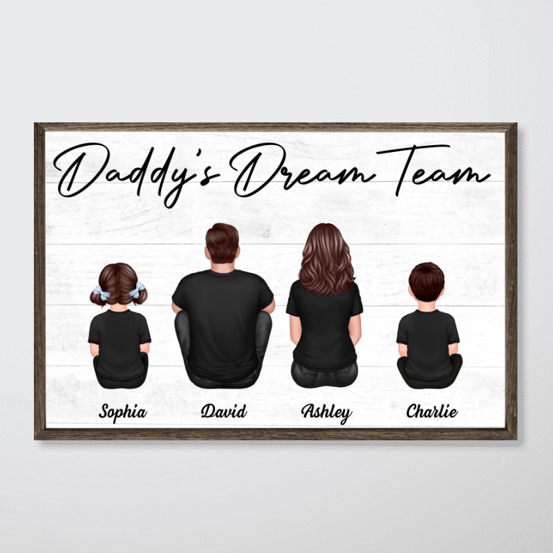Daddy‘s Team Back View Dad And Kids Sitting Personalized Poster, Gift For Dad, Husband