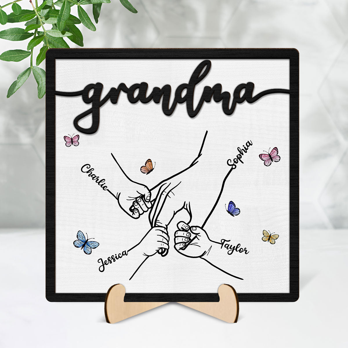 Baby Holding Hands Outline Grandma Mom Personalized 2-Layer Wooden Plaque
