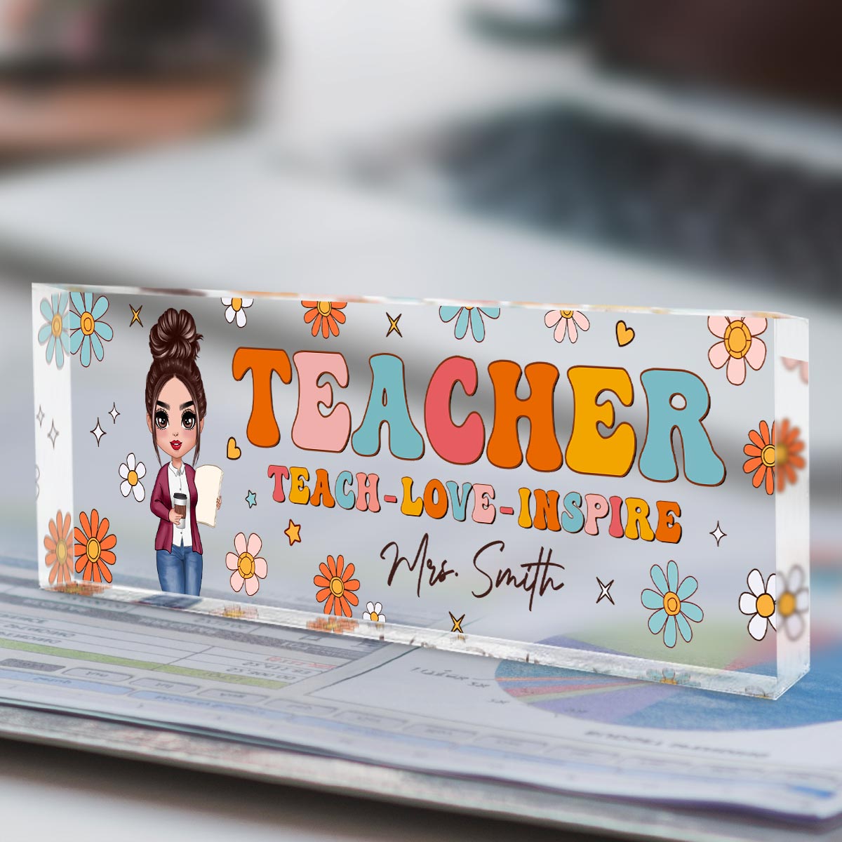 Teacher Groovy Flower Personalized Acrylic Desk Name Plate, Gift For Teacher, Office Decor