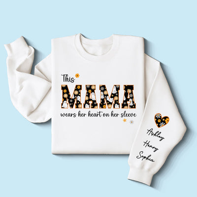 Halloween This Mama Wears Her Heart on Her Sleeve Personalized Sleeve Printed Sweatshirt