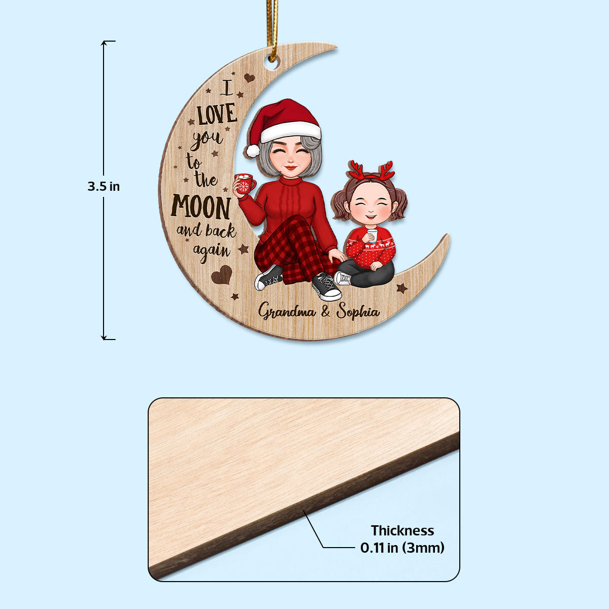 Cute Grandma & Grandkid Sitting On Moon Personalized Wooden Ornament